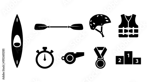 Kayaking & Water Sports Vector Icon Set – Dynamic Vectors Featuring Kayaks, Paddles, Helmets, Life Vests, Whistles, Medals, Stopwatches, and Podiums