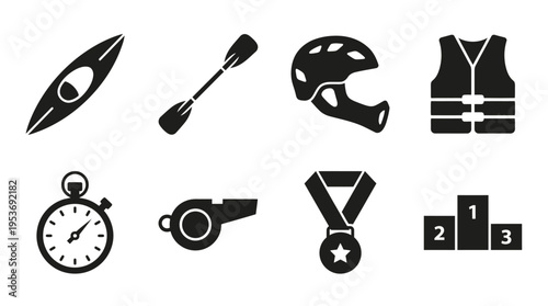 Kayaking & Water Sports Vector Icon Set – Dynamic Vectors Featuring Kayaks, Paddles, Helmets, Life Vests, Whistles, Medals, Stopwatches, and Podiums