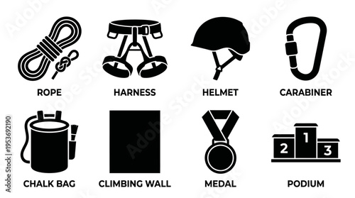Rock Climbing & Adventure Sports Vector Icon Set – Rugged Vectors Featuring Ropes, Harnesses, Helmets, Carabiners, Chalk Bags, Climbing Walls, Medals, and Podiums