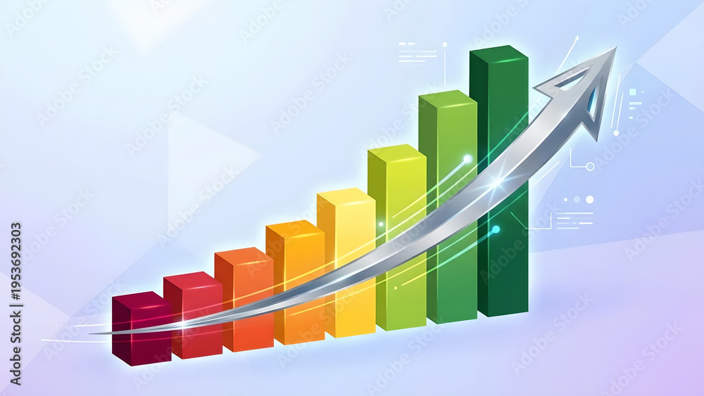 Obraz premium Colorful bar chart growth arrow business success finance investment profit statistics data economy marketing metric concept