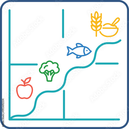 Healthy food progression chart with apple, broccoli, fish, and grains in flat design vector illustration
