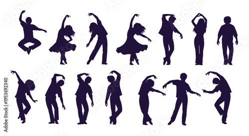 People silhouette collection, men and women in various dance poses, active lifestyle