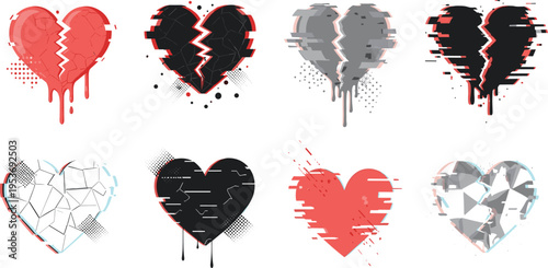 Broken Heart Glitch Set with Digital Distortion Effects, Abstract Love Symbols with Cracks, Noise and Pixel Style for Modern Graphic Design and Emotional Concept Art