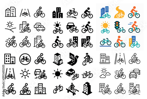 Urban cycling icons with bicycle rider flat