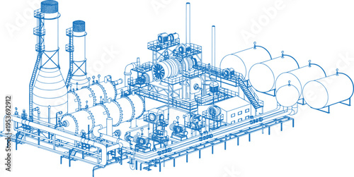 Natural Gas Processing Plant with Distillation Towers, Hand-Drawn Illustration