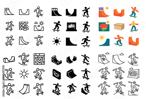 Skatepark icons with ramp skater colorful