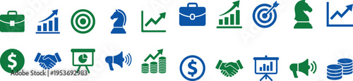 Business and finance icons set in green and blue colors