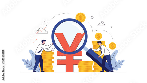 Professional team uses a massive magnifying glass to inspect a giant red Japanese Yen symbol amidst stacks of gold coins for audit purposes.