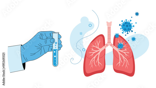 Medical professional in a blue glove holds a test tube next to an illustration of human lungs infected by various virus particles.