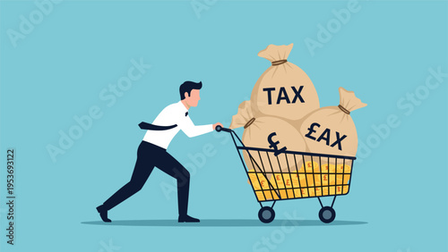 Hardworking man pushes a shopping cart overflowing with heavy bags of tax money and coins, symbolizing the burden of high corporate taxation.