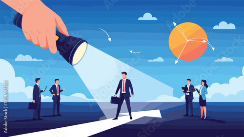 Large hand shines a powerful flashlight on a businessman standing at a crossroad of white arrows, helping him choose the right career path.