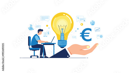 Freelance creator works at a desk next to a giant glowing light bulb and a hand holding a blue euro symbol, representing profitable ideas.