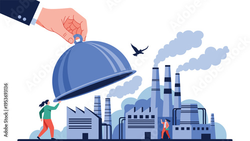 Giant hand lifts a metal cloche to reveal a busy industrial factory complex with tall chimneys emitting smoke, symbolizing economic output.