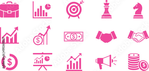 Collection of business and finance icons in pink