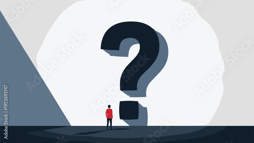 Tiny individual stands in the shadow of a massive question mark projected by a bright spotlight, representing uncertainty and seeking answers.