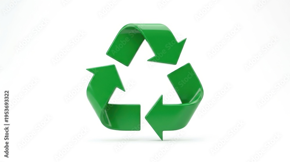 Fototapeta premium A bright green recycling symbol with arrows in a continuous loop, representing sustainability and environmental conservation, isolated on a clean white background.
