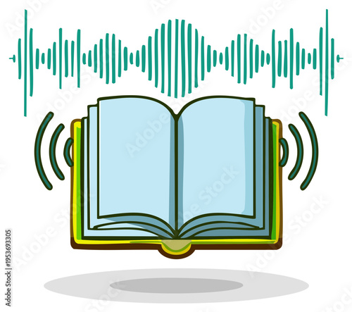 Digital audiobook concept with open book emitting sound waves and audio