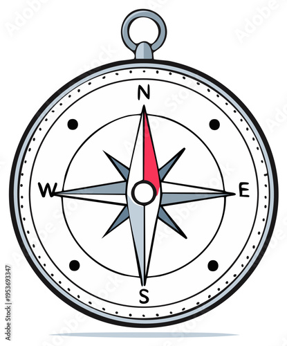 Cartoon compass illustration with North, South, East, and West directions