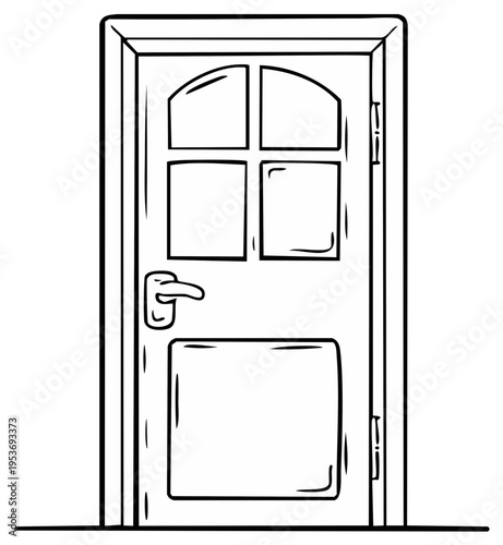 Cartoon line art drawing of a classic interior door with glass panels and a handle for home or office