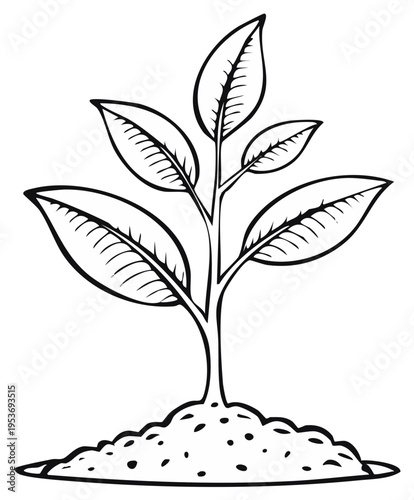 Black and white outline illustration of a new plant seedling growing from soil