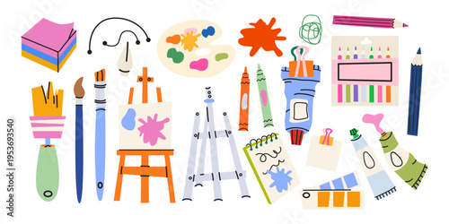 Large creative art supplies and artist tools collection in cartoon flat style. Brushes, paint tubes, palette, easel, pencils and sketchbook. Stationery and hobby equipment vector illustration