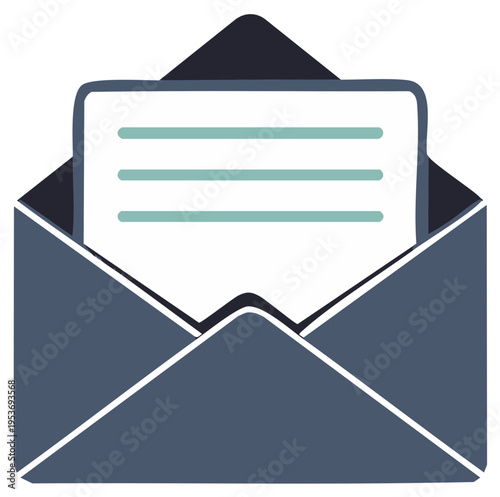 Opened blue envelope containing a letter with lines symbolizing text for digital communications and announcements