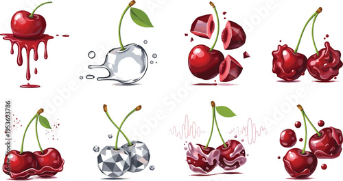 Creative Cherry Illustration Set with Liquid, Glass and Geometric Effects, Artistic Fruit Compositions in Modern Experimental Style for Posters, Branding and Digital Art Design
