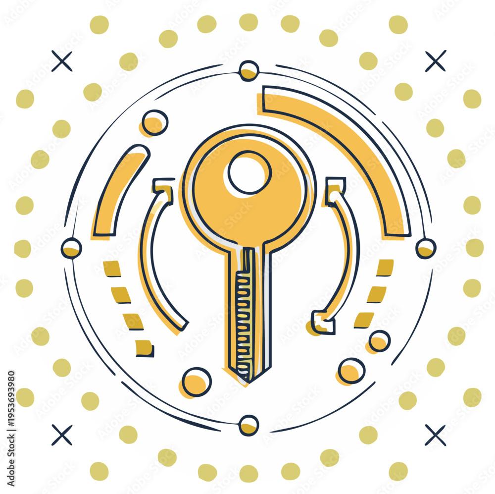 Fototapeta premium Digital key turning with circular arrow diagrams on light dotted background