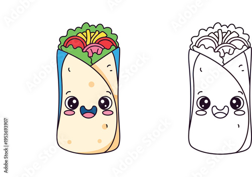 Kawaii Burrito Mascot Character Design with Coloring Page Line Art, Cute Fast Food Wrap Cartoon Vector Illustration Isolated on White for Kids Coloring Book, Educational Activity and Stickers