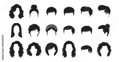 hair and hairstyle icons set with male and female haircut silhouettes fashion and beauty collection on transparent background