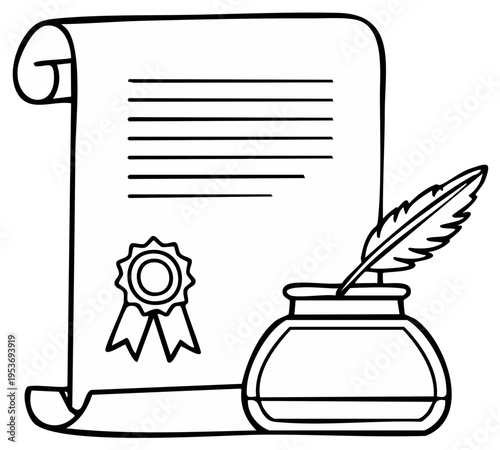 Old parchment scroll with wax seal and a quill pen in an inkwell line art illustration