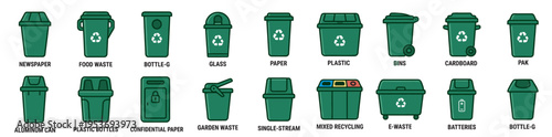 recycling and waste bin icons set with trash containers for plastic paper glass organic and electronic disposal on transparent background