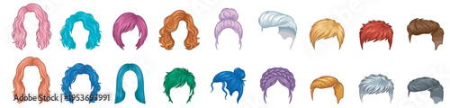 colorful hairstyle icons set with male and female haircuts including curly straight bun braid and short styles on transparent background