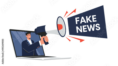 Digital misinformation and fake news concept showing a giant megaphone emerging from a laptop screen being held by a man to spread fake news.