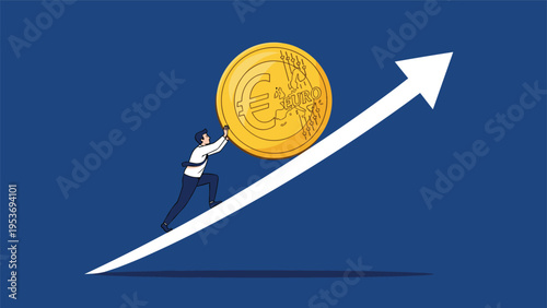 Economic challenge and financial struggle concept showing a businessman pushing a large gold Euro coin up a steep white arrow slope.