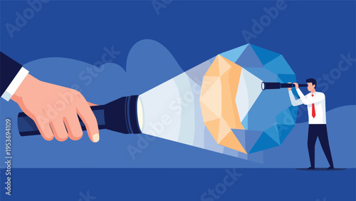 Quality control and value discovery concept showing a giant hand with a flashlight shining light on a large multifaceted gemstone.