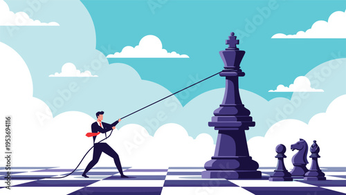 Strategic leadership and business control concept showing a businessman pulling a massive purple chess king across a chessboard with a rope.
