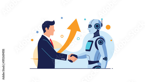 Artificial intelligence and human collaboration concept showing a businessman shaking hands with a futuristic white and blue robot.