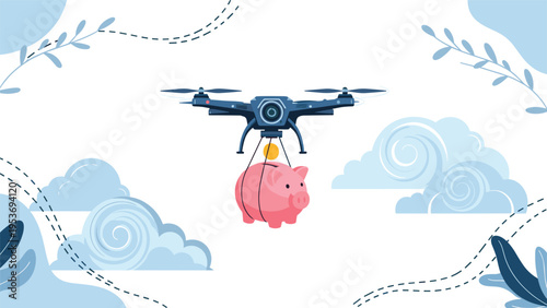 Modern savings and financial technology concept showing a high-tech drone flying through clouds and carrying a pink piggy bank.