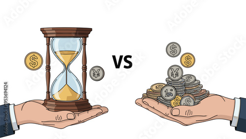 Time is money concept showing a human hand holding a giant hourglass and another hand holding a pile of gold and silver coins.