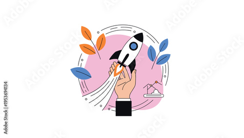 Startup business launch concept with a hand launching a space rocket surrounded by decorative leaves and abstract geometric shapes.