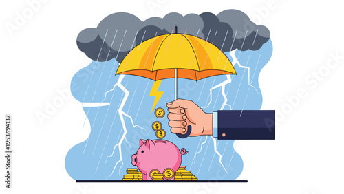 Protective hand holds a yellow umbrella over a piggy bank in a dark thunderstorm with lightning to save savings from financial disaster.