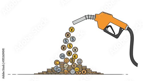Energy cost and financial profit concept with a gas pump nozzle pouring a variety of international currency coins into a pile.