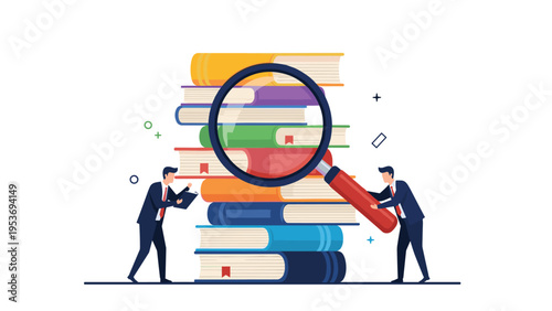 Curious business professionals use a large magnifying glass to inspect a massive stack of colorful books, representing research and data.