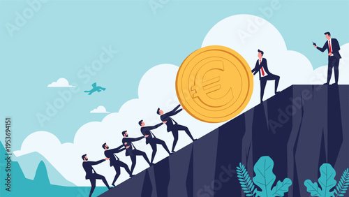 Teamwork and economic recovery concept showing a group of business professionals pushing a massive gold Euro coin up a steep mountain slope.