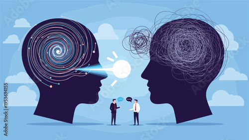 Conceptual illustration of psychological communication showing two giant heads with different mental states and small people talking below.