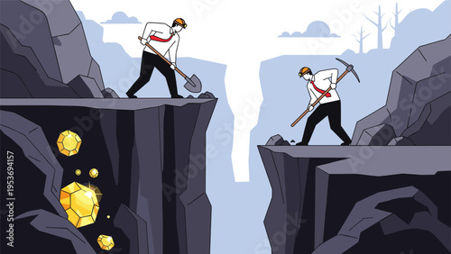 Business metaphor illustration depicting two miners digging through rock where one finds a hidden treasure of gems and the other misses out.