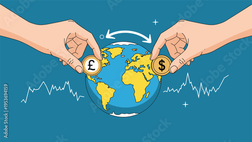 International currency exchange concept with hands swapping gold coins marked with dollar and pound symbols over a blue world map.