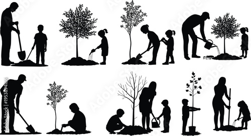 Tree planting silhouette illustration, adults and children nurturing saplings through digging, watering, and caring, environmental stewardship theme, vector art, black isolated bold design