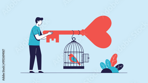 Emotional freedom and love concept featuring a man holding a large heart shaped key attached to a birdcage where a bird sits inside.